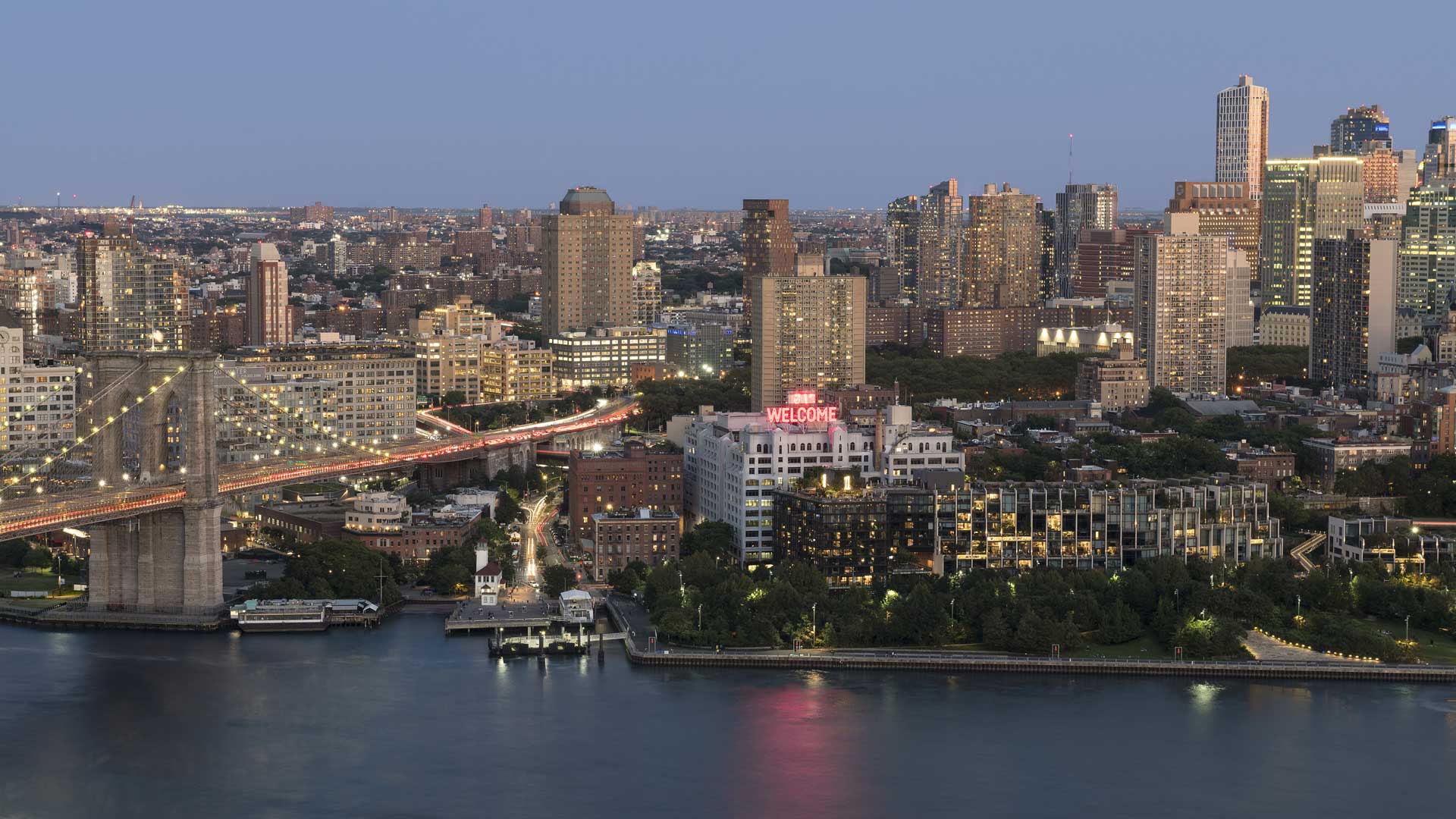 Aerial view of Panorama Brooklyn and Welcome rooftop sign
